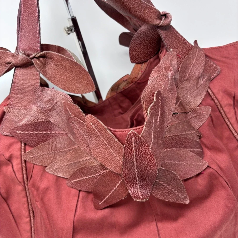 Lucky Penny Hobo Shoulder‎ Bag Cotton with Red Leather Leaf Accent Anthropologie